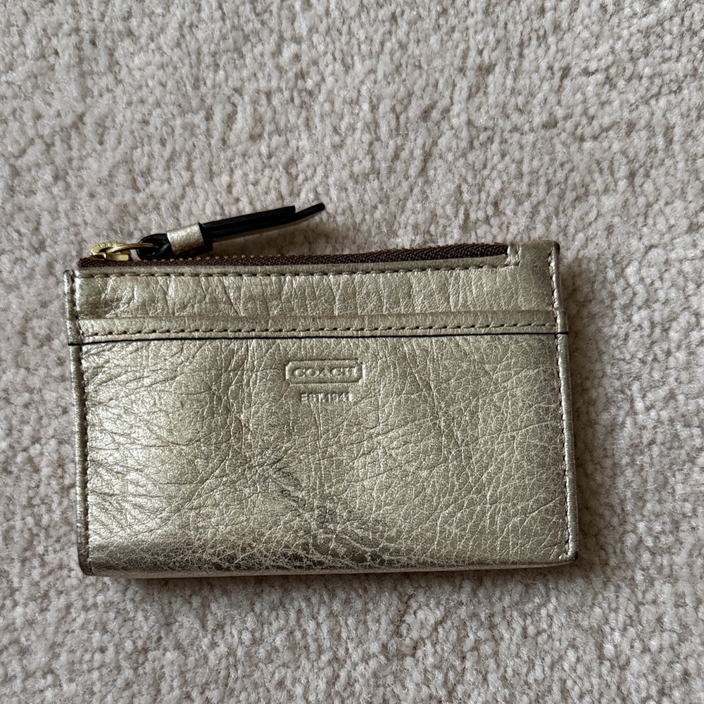 Coach Metallic Gold Leather Zip Card Case and Key Ring